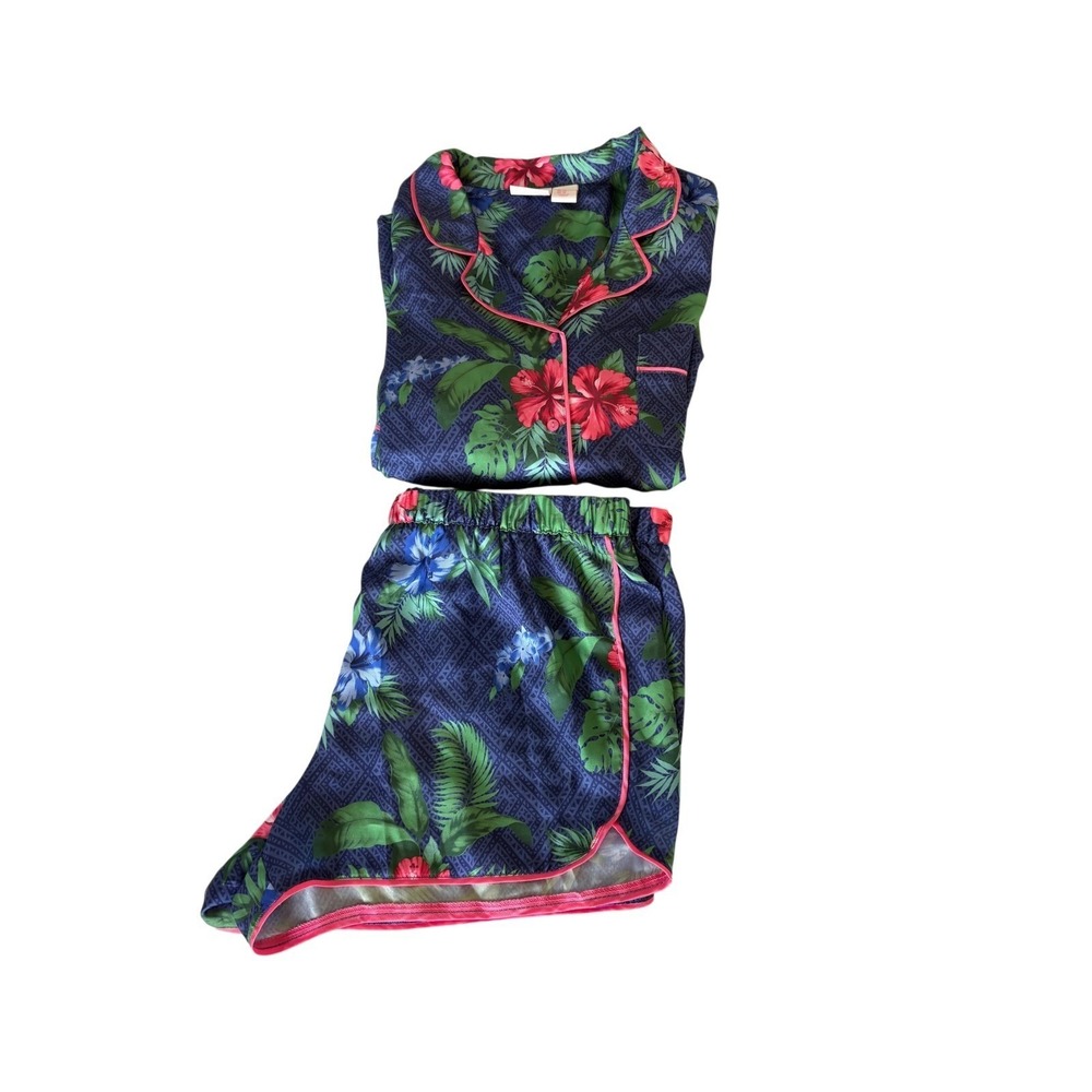 Tommy Bahama Womens XL Pajama Set Tropical Hibiscus Floral Navy Pink 2pc Shorts